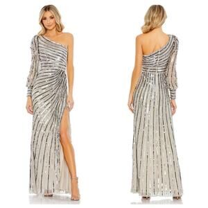Mac Duggal 10793 Asymmetrical One Shoulder Sequin Gown Platinum Size 6 NWT